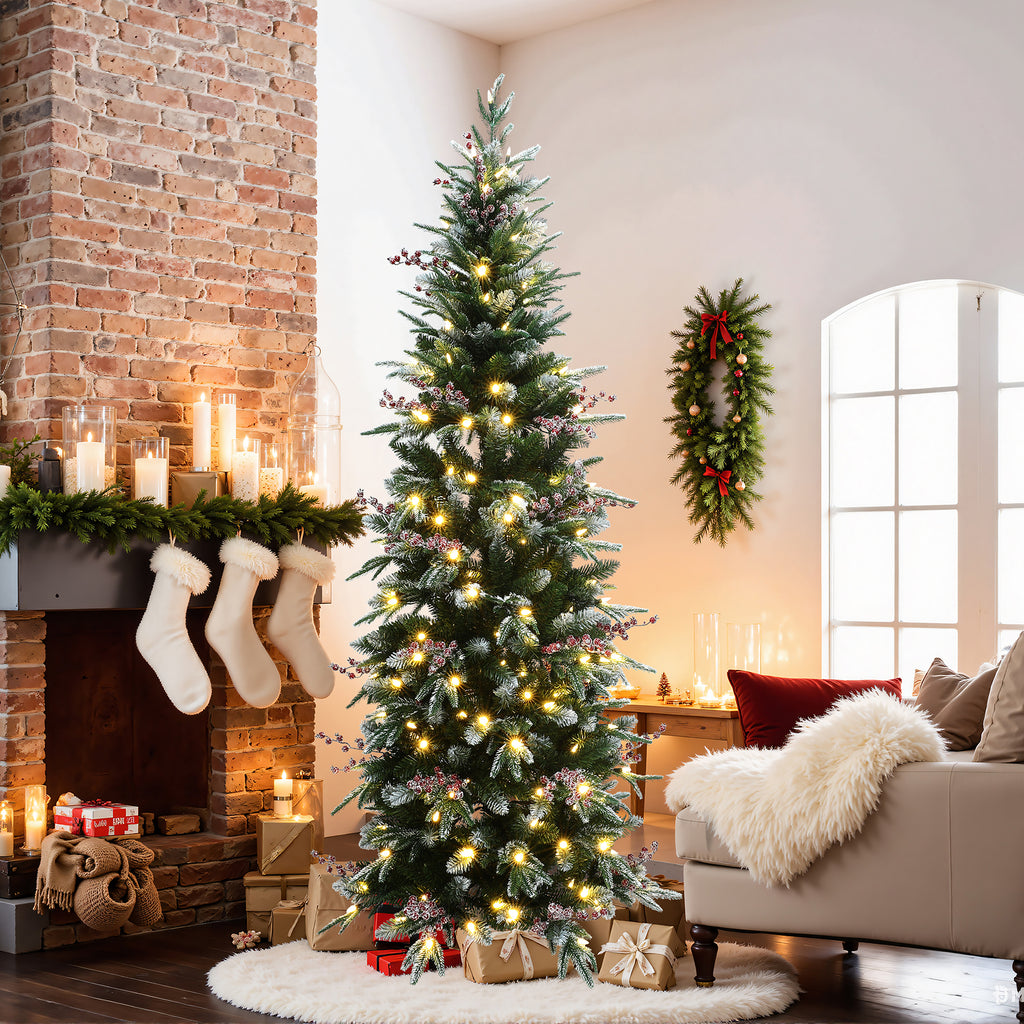 6.5Ft Pre-Lit Pencil Artificial Christmas Tree with Frosted Tips and Red Berries