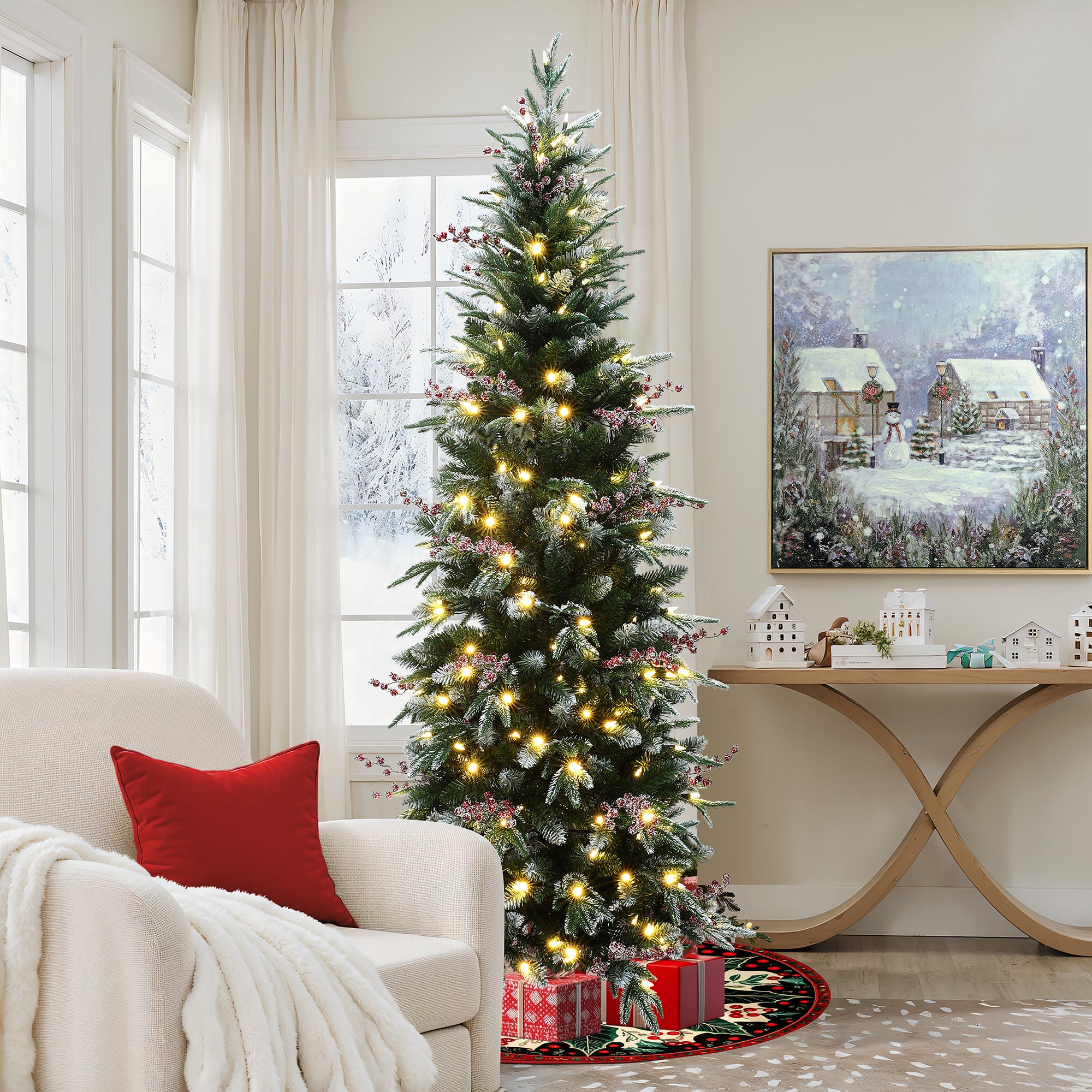 6.5Ft Pre-Lit Pencil Artificial Christmas Tree with Frosted Tips and Red Berries