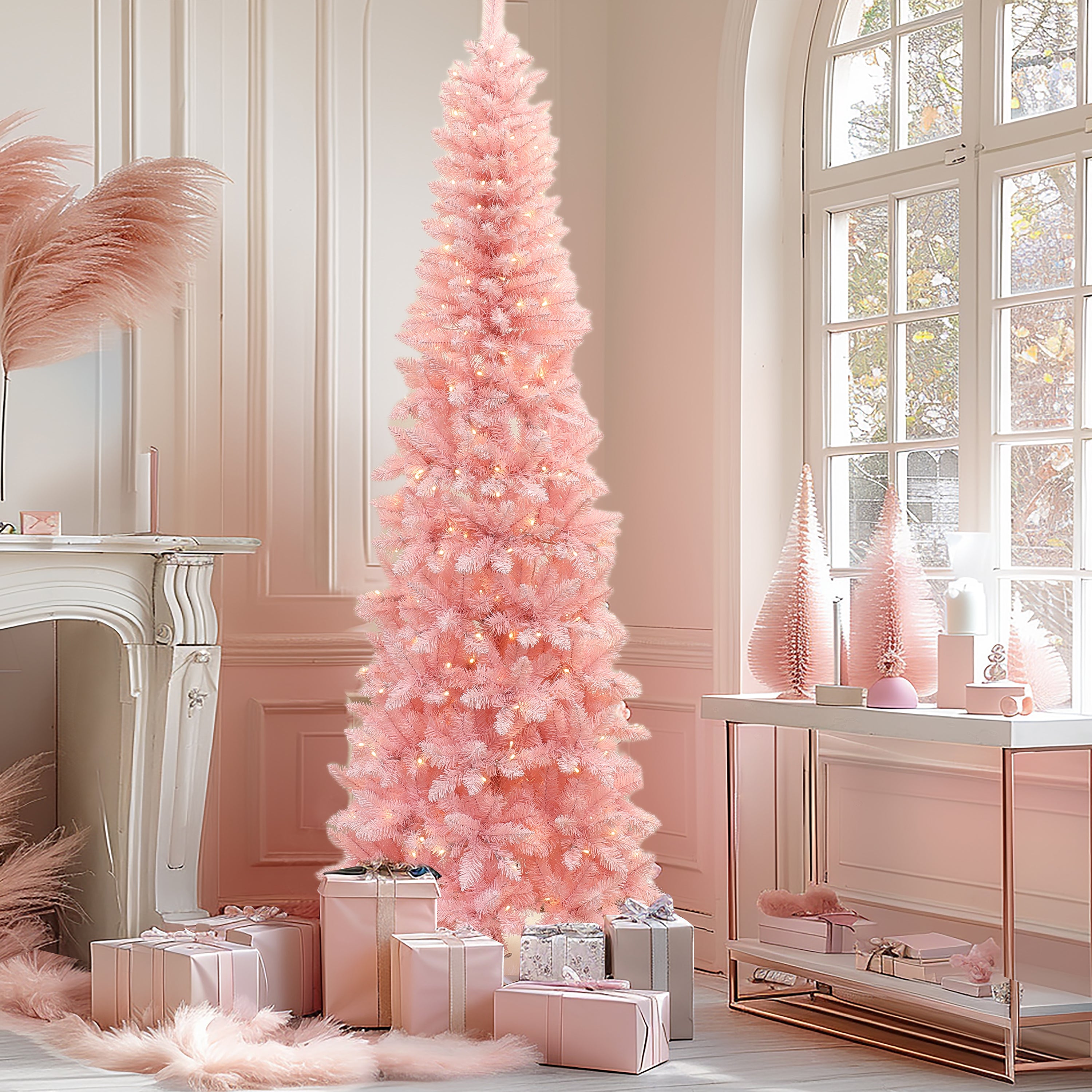 7Ft Pre-Lit Pink Slim Tree with Metal Stand