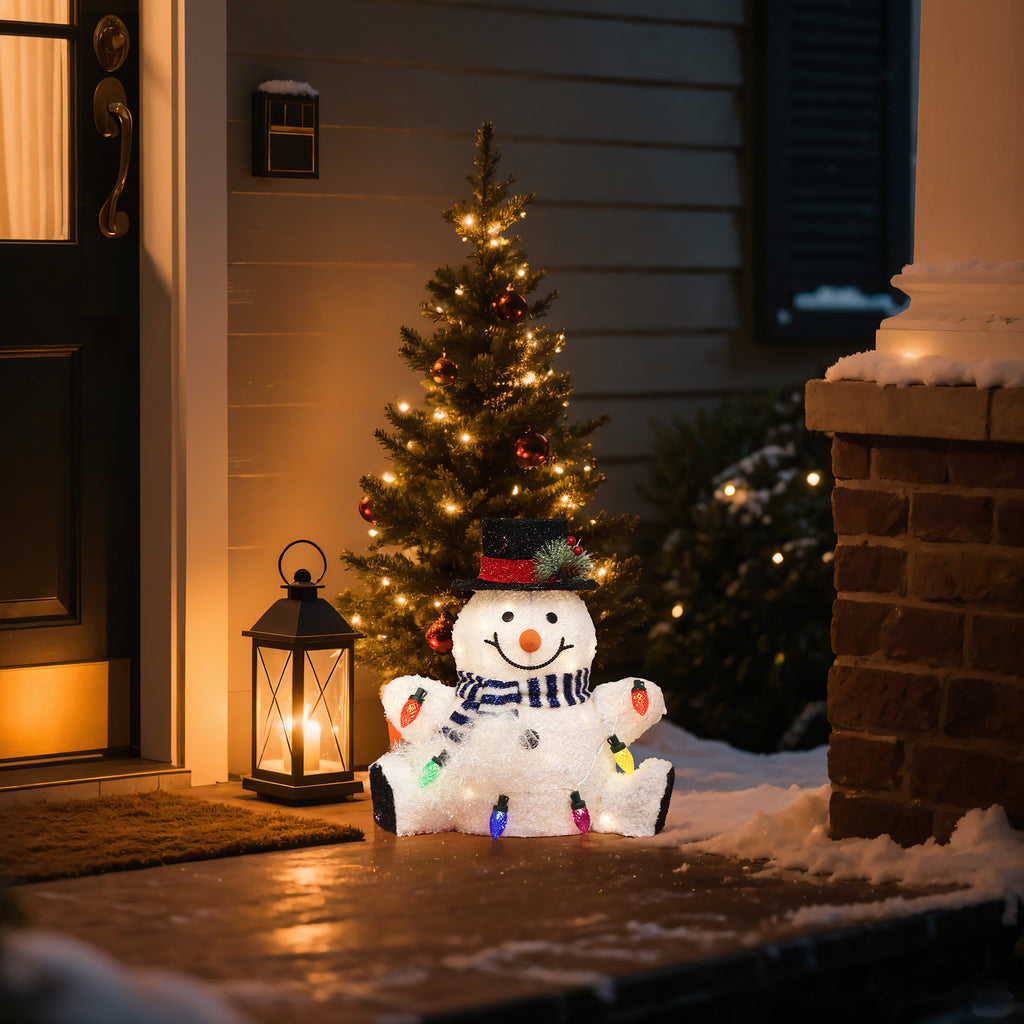 1.25Ft Jolly Snowman with Black Tophat Outdoor Holiday Decoration with Lights