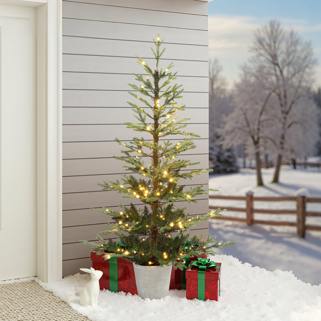 5.5Ft Pre-Lit Green Artificial Fir Christmas Tree with Round Planter Pot
