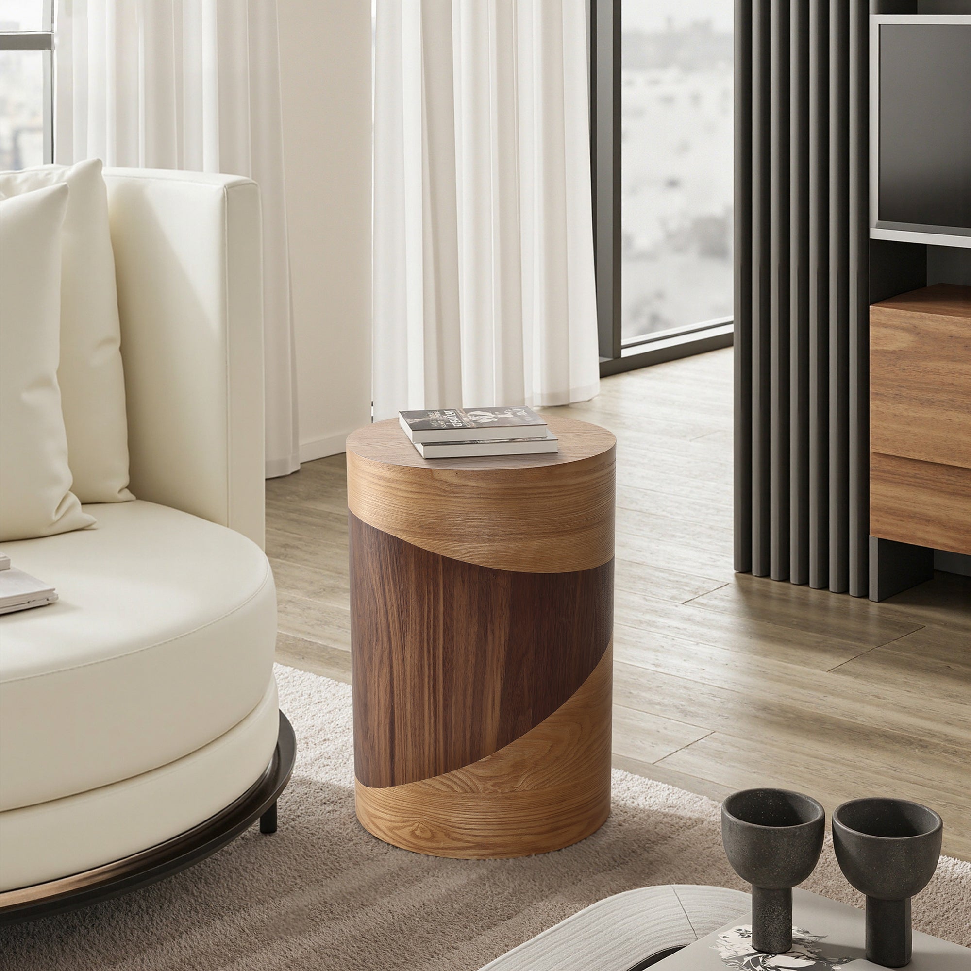 Modern Rustic Natural & Dark Wood Round Side Table, 20” Tall
