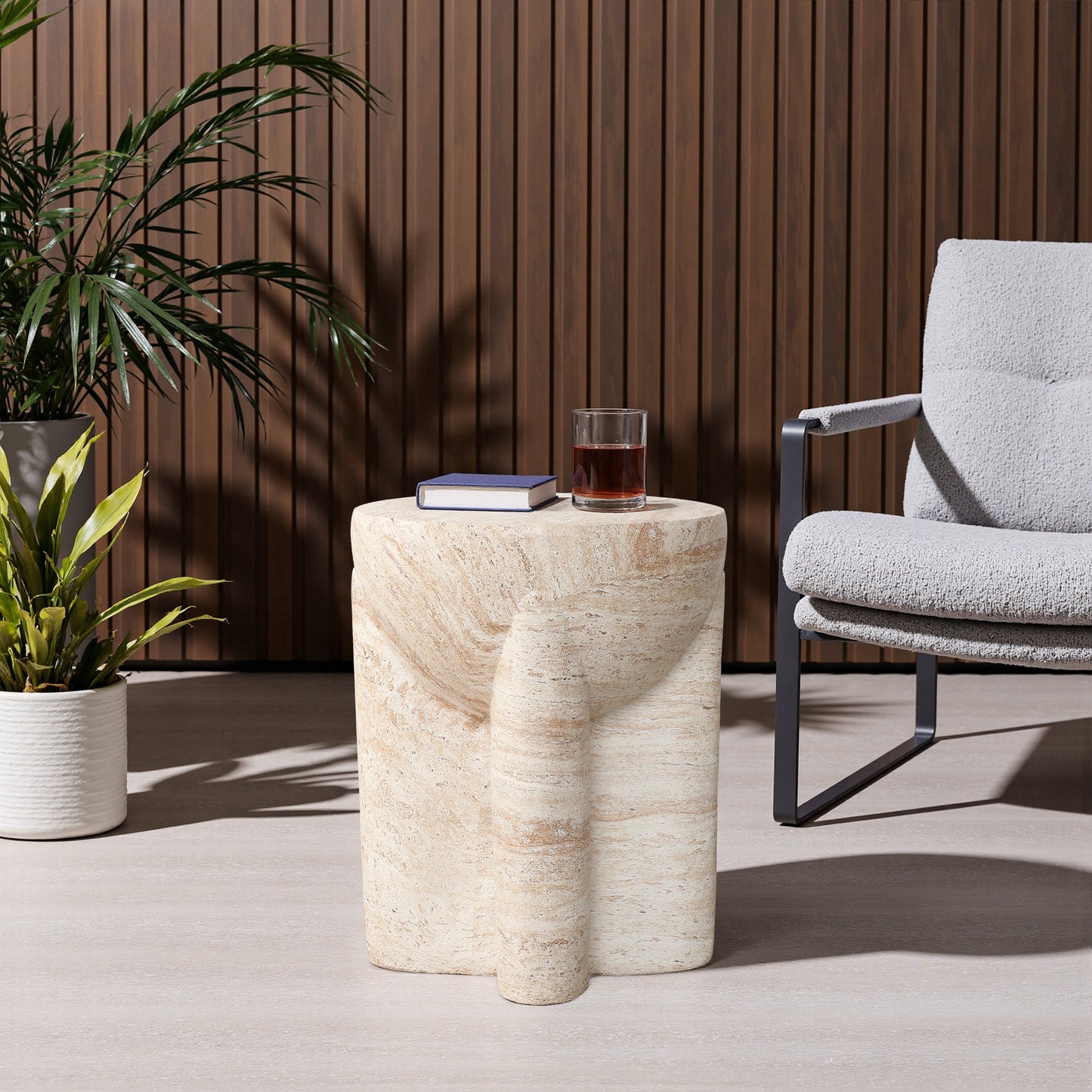 Ebb Pedestal Round MgO Side Table, Marbled Brown-White