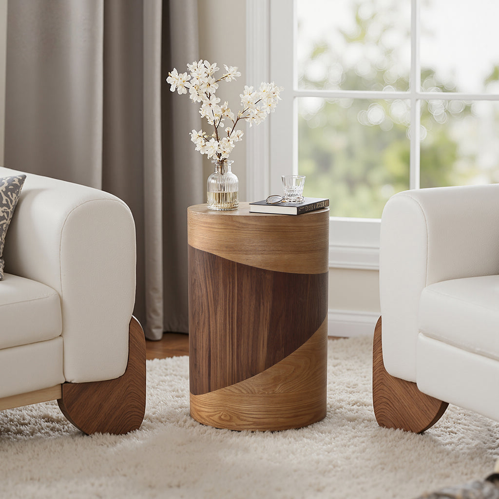 Modern Rustic Natural & Dark Wood Round Side Table, 20” Tall