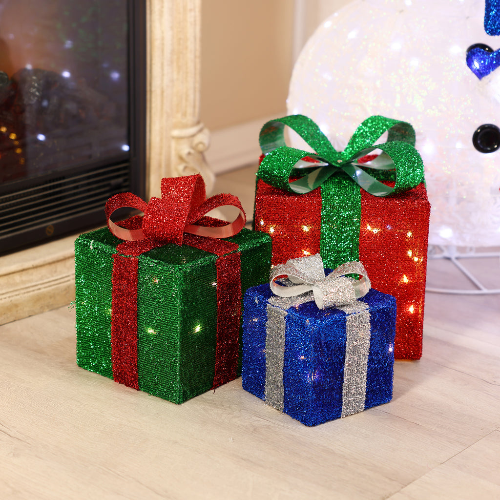 Set of 3 Present Gift Boxes with Bows Lighted Holiday Decoration
