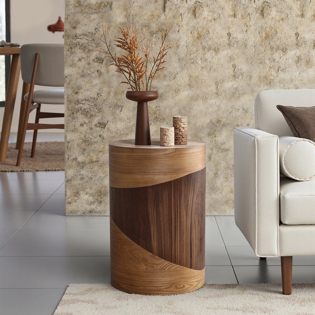 Modern Rustic Natural & Dark Wood Round Side Table, 20” Tall