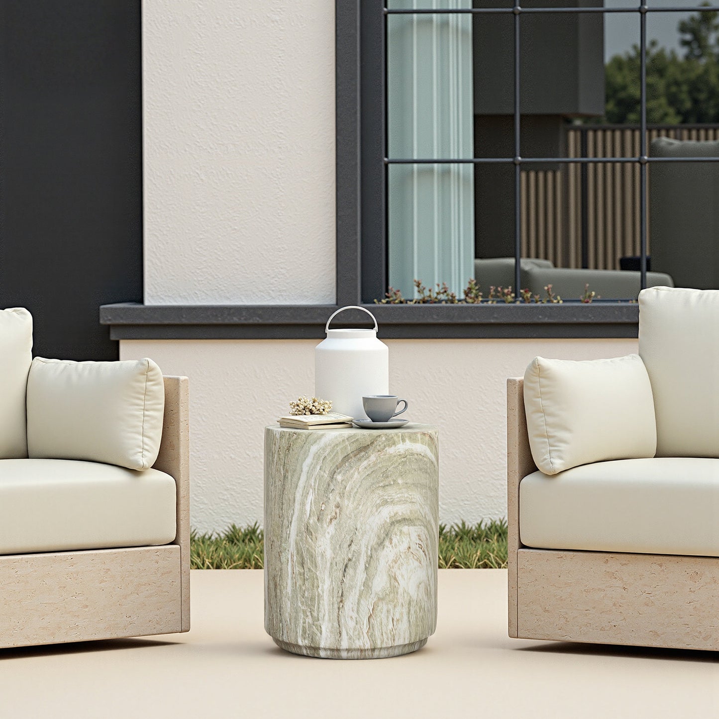 Jasper Round MgO Side Table, Marbled Green-White