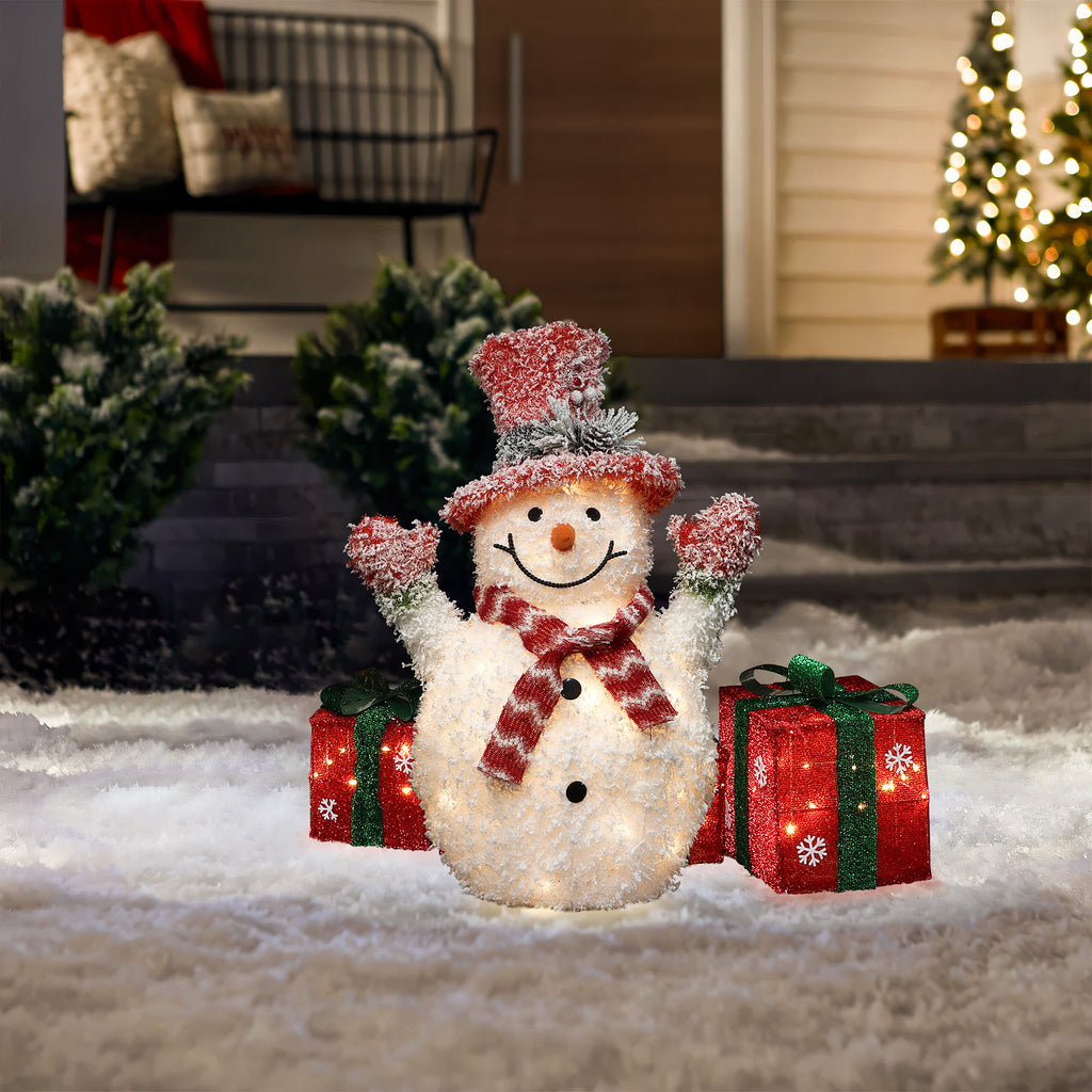 2Ft Lighted White Tinsel Frosted Snowman with Top Hat Outdoor Holiday Decoration