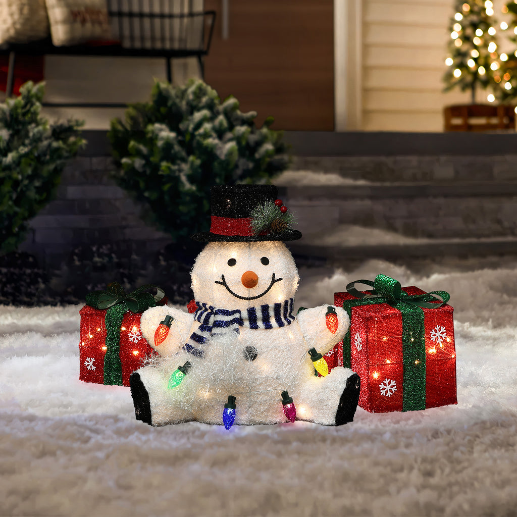 1.25Ft Jolly Snowman with Black Tophat Outdoor Holiday Decoration with Lights