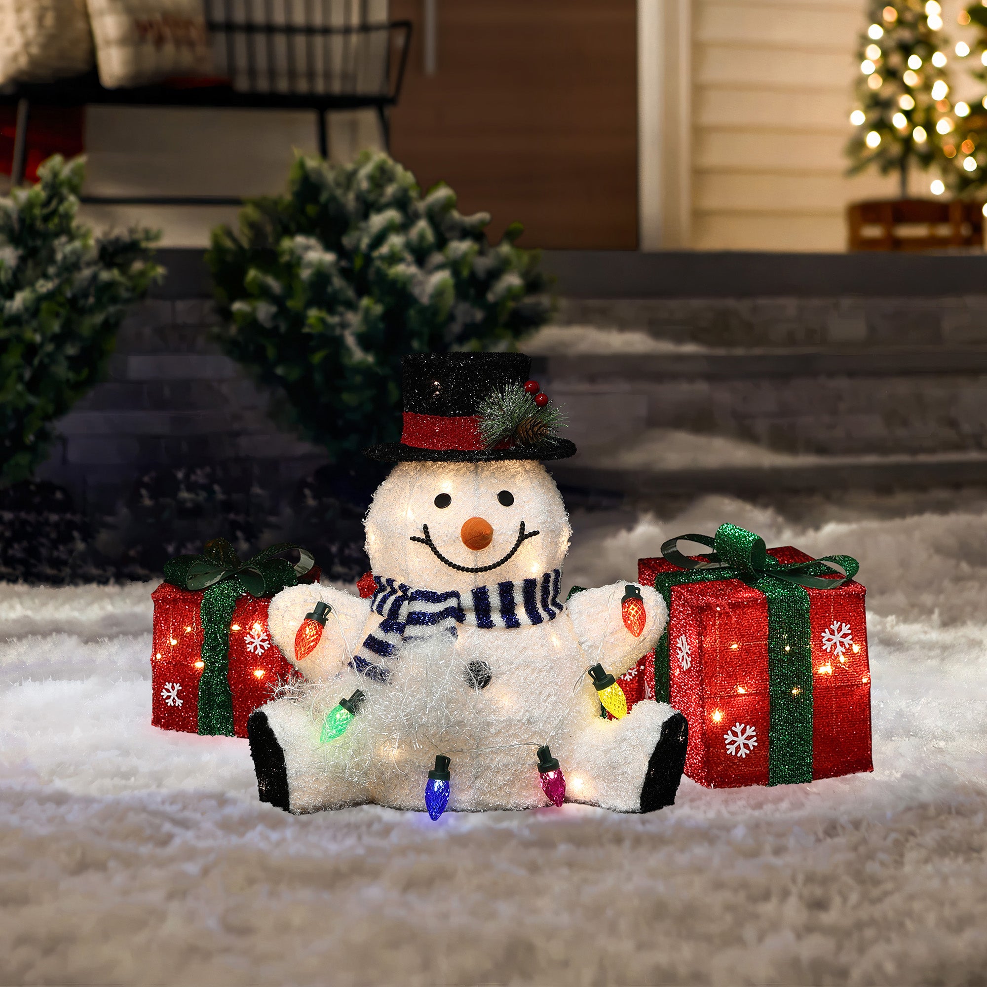 1.25Ft Jolly Snowman with Black Tophat Outdoor Holiday Decoration with Lights