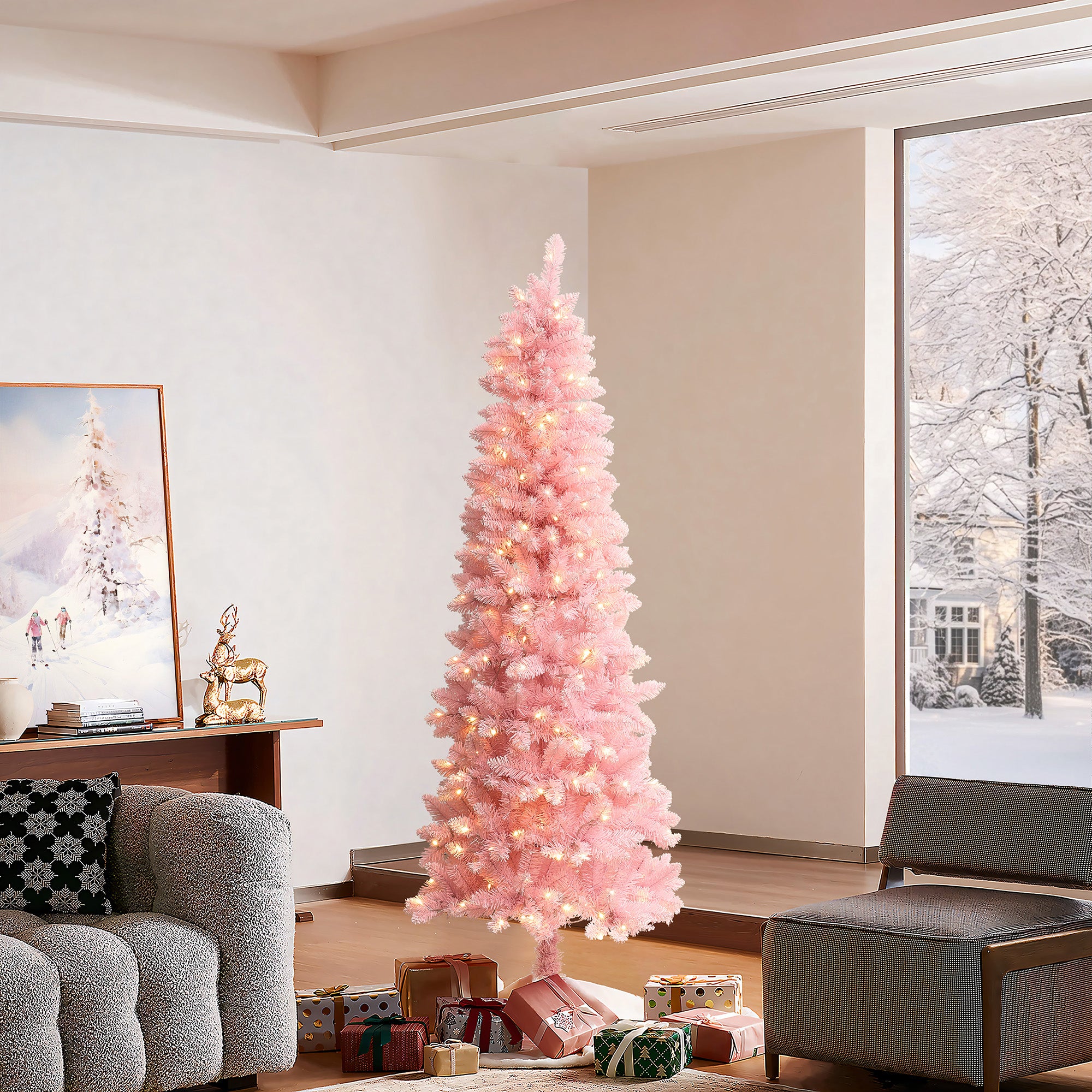 6Ft Pink Pencil Artificial Tree with Warm White Lights and 8 Light Functions