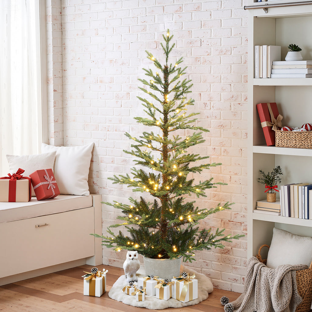 5.5Ft Pre-Lit Green Artificial Fir Christmas Tree with Round Planter Pot