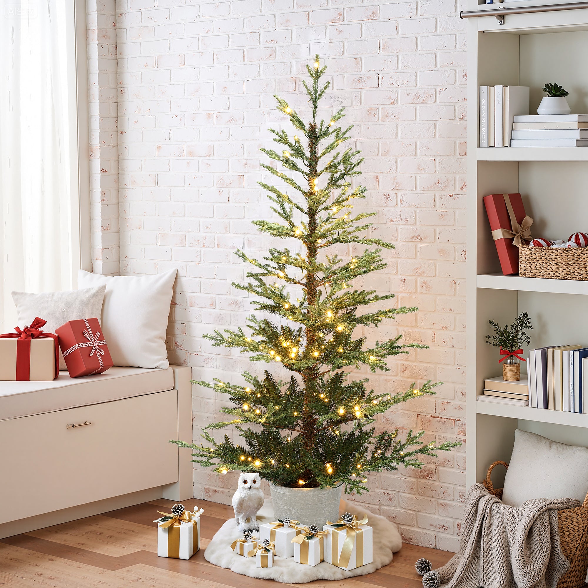 5.5Ft Pre-Lit Green Artificial Fir Christmas Tree with Round Planter Pot