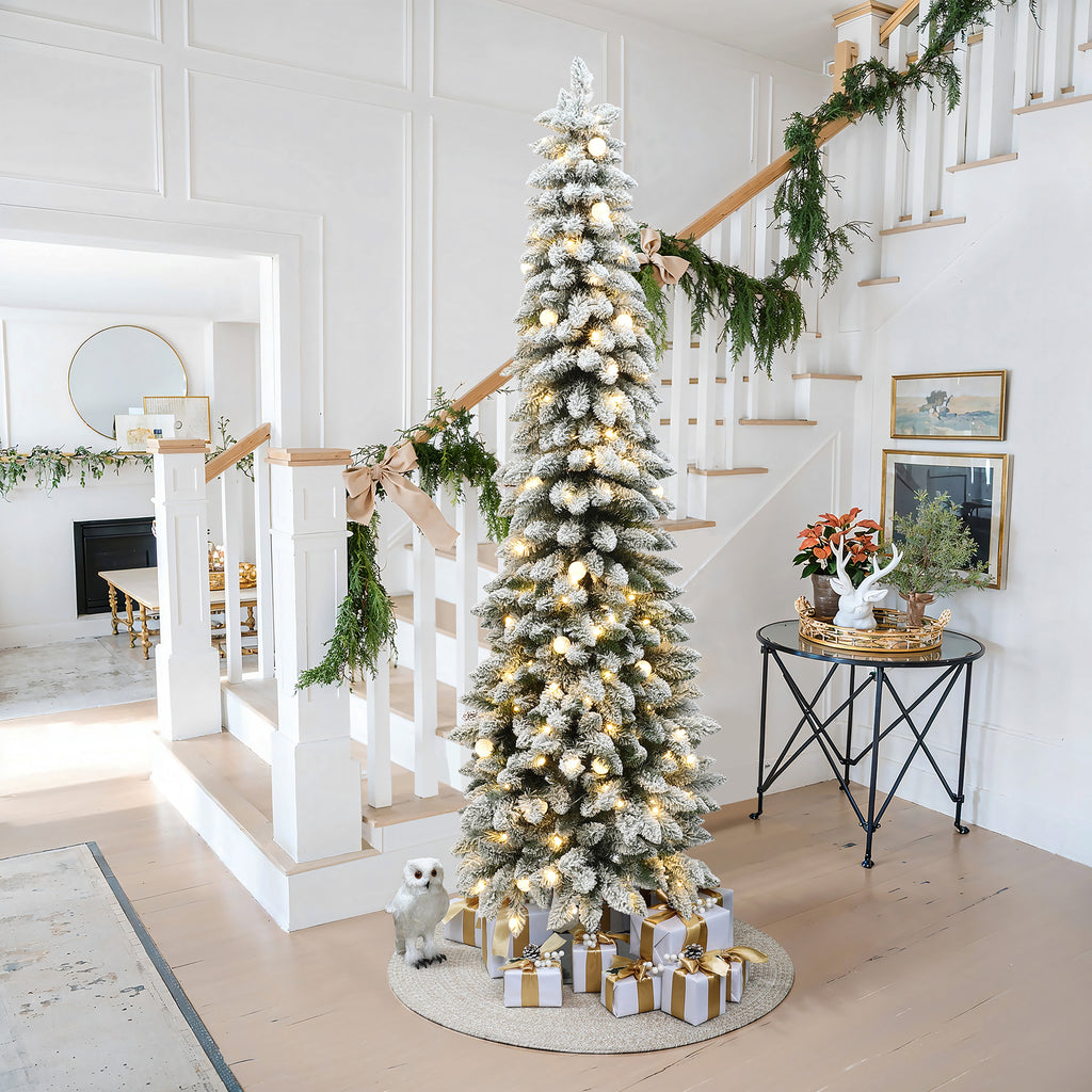 7Ft Pre-Lit Flocked Pencil Artificial Christmas Tree with Metal Base