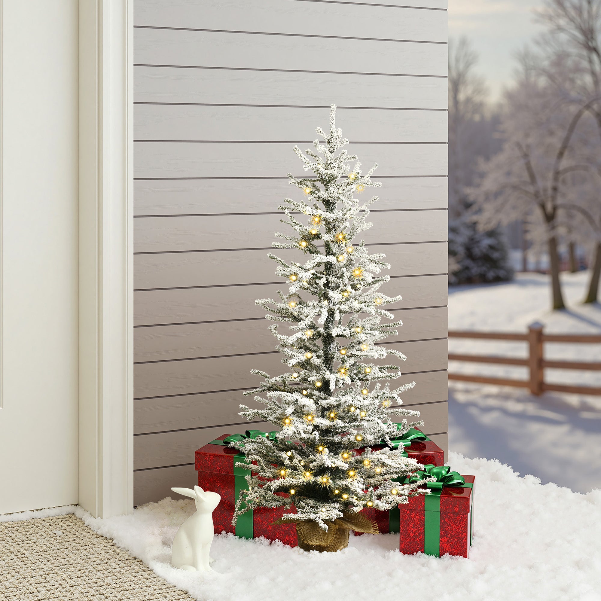 4Ft Pre-Lit Snow-Flocked Artificial Christmas Tree in Burlap Base