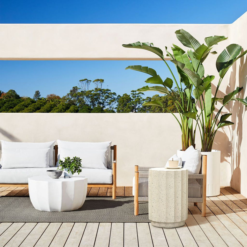 Off White with Gray Cement Fluted Round Indoor Outdoor Side and End Table