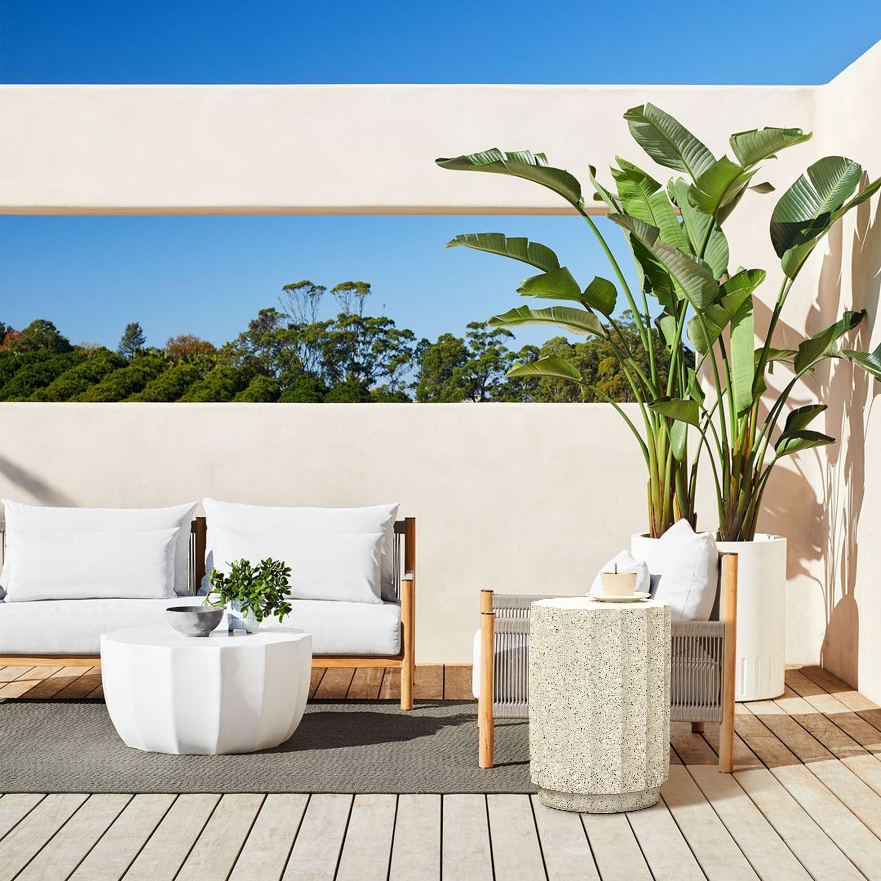 Off White with Gray Cement Fluted Round Indoor Outdoor Side and End Table