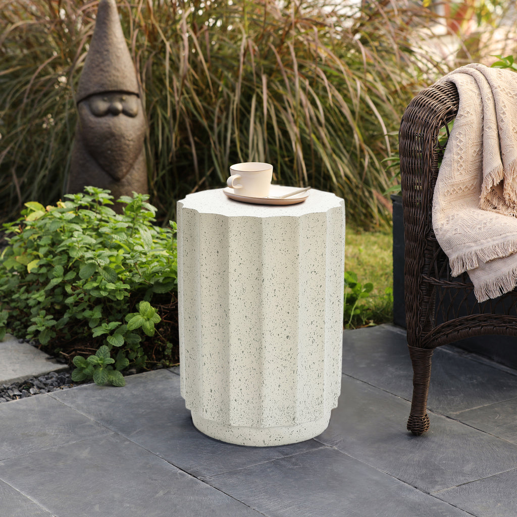 Off White with Gray Cement Fluted Round Indoor Outdoor Side and End Table