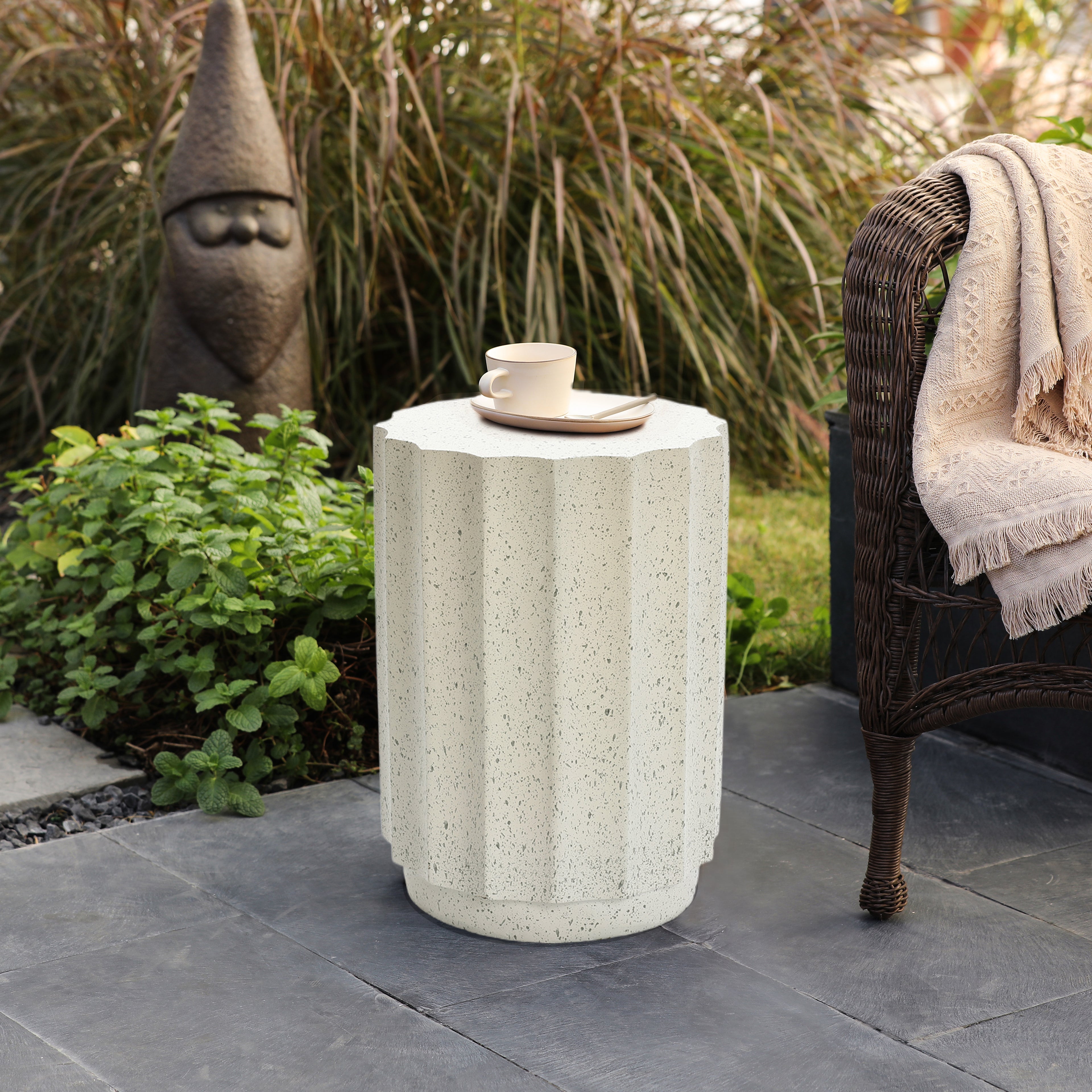 Off White with Gray Cement Fluted Round Indoor Outdoor Side and End Table