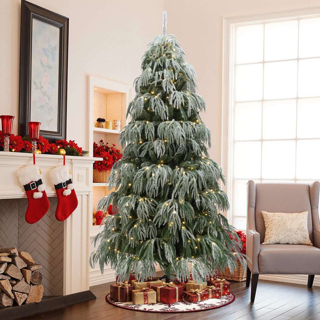 7Ft Flocked Downswept Branches Artificial Christmas Tree with Multi-Color Lights