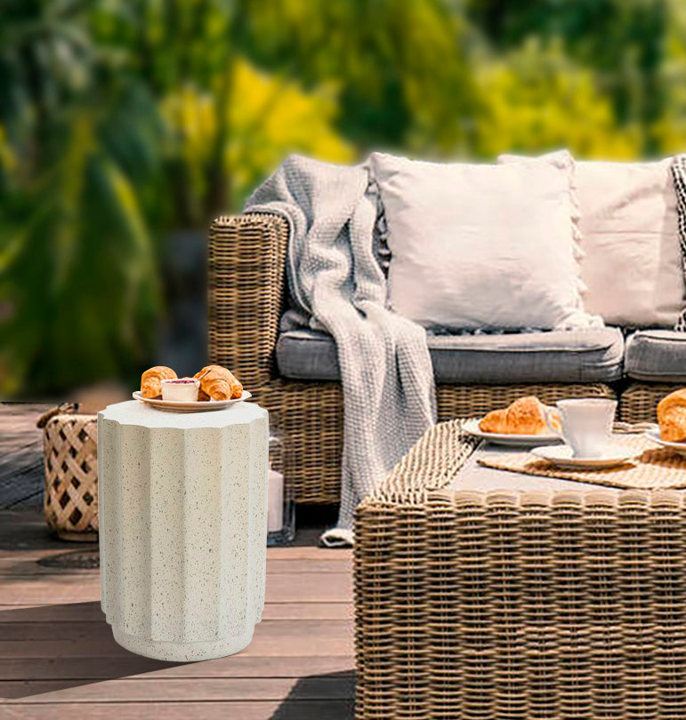 Off White with Gray Cement Fluted Round Indoor Outdoor Side and End Table