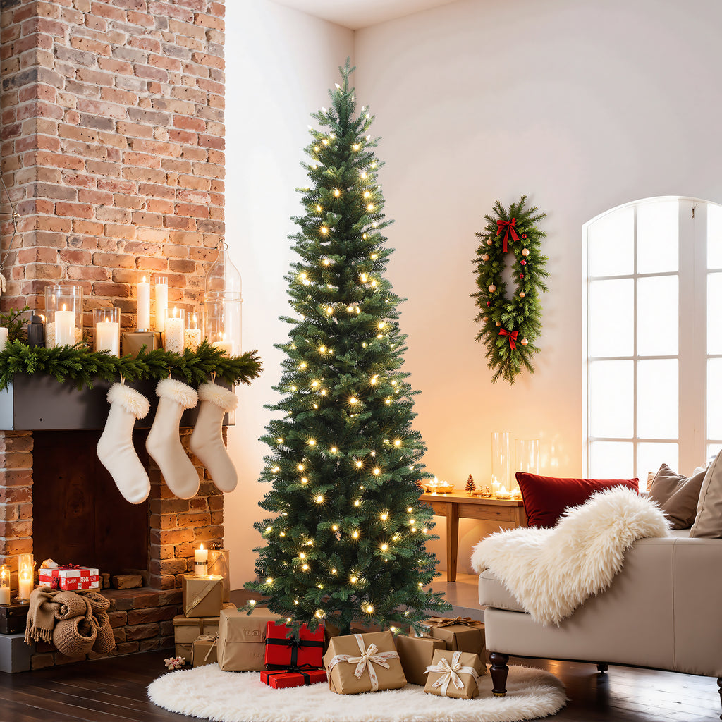 7Ft Pre-Lit Green Artificial Slim Christmas Tree with Metal Stand
