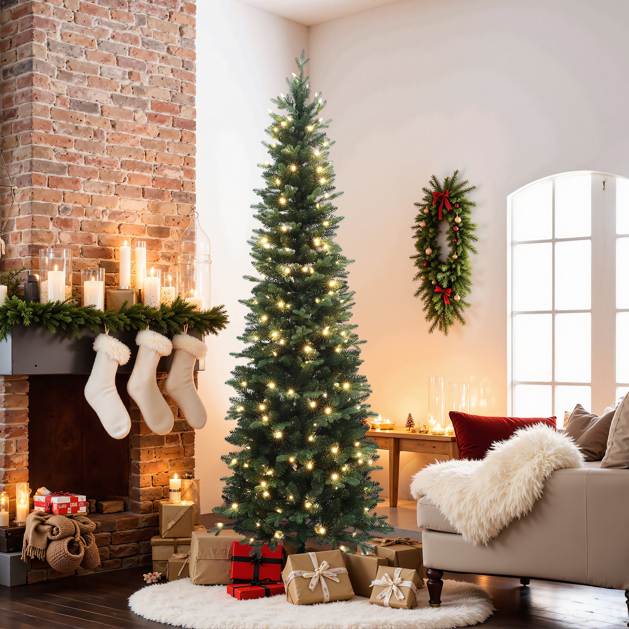 7Ft Pre-Lit Green Artificial Slim Christmas Tree with Metal Stand
