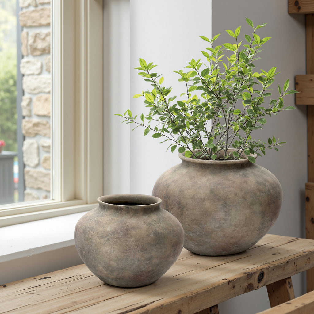Rustic Ceramic Vase, 10.4" Wide Terracotta Pot with Earthy Gray-Brown Finish