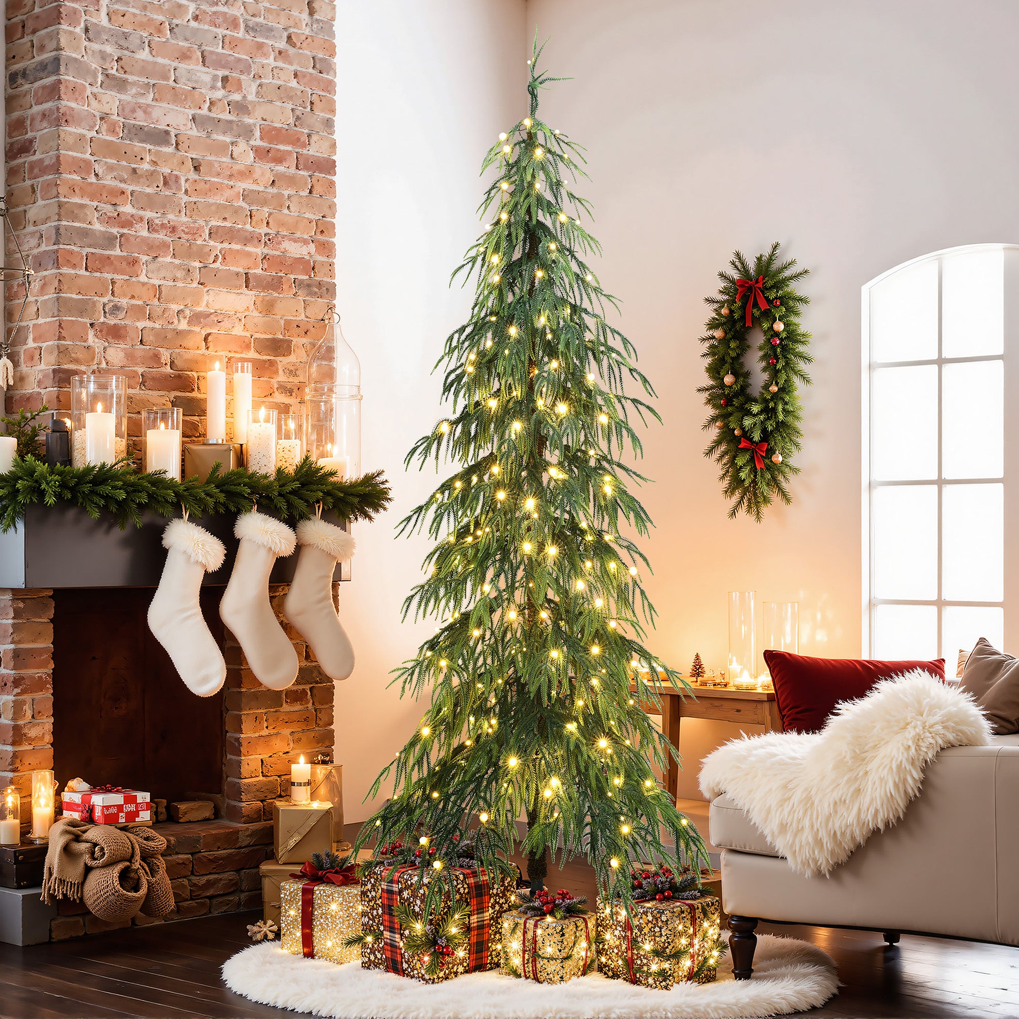 7.5Ft Pre-Lit Slim Artificial Cedar Christmas Tree with Metal Stand