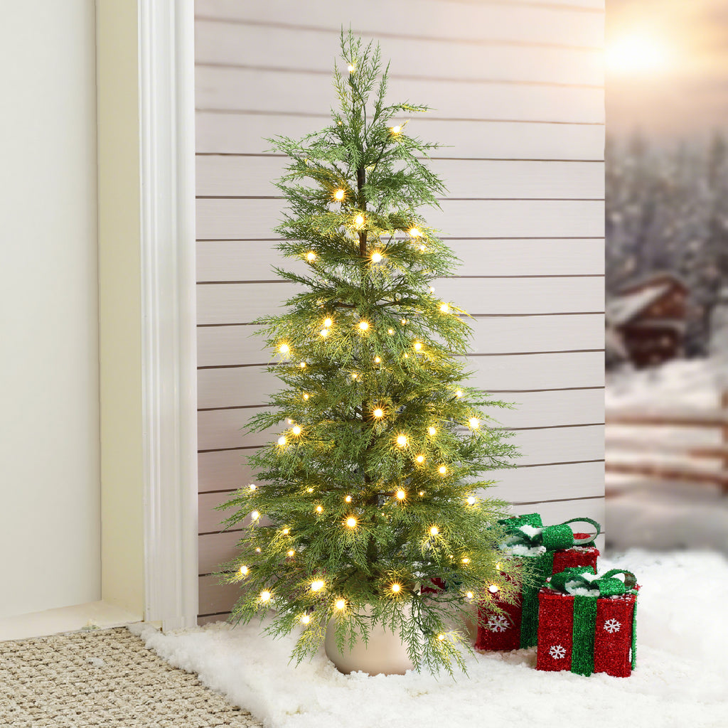 4.5Ft Pre-Lit Artificial Potted Tree with Green Branches