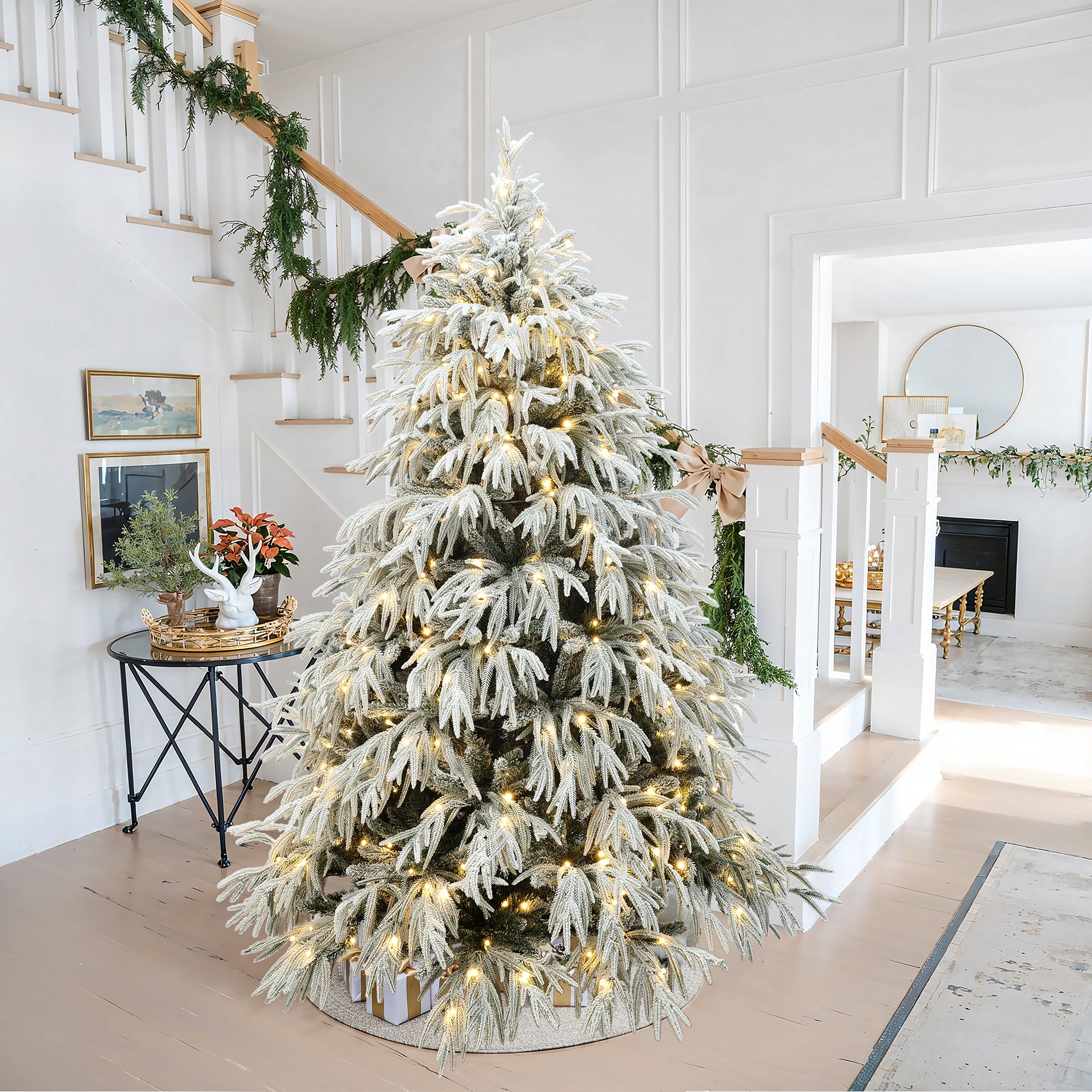 6.5Ft Pre-Lit Mixed Snowy Branches Artificial Christmas Tree with Metal Stand