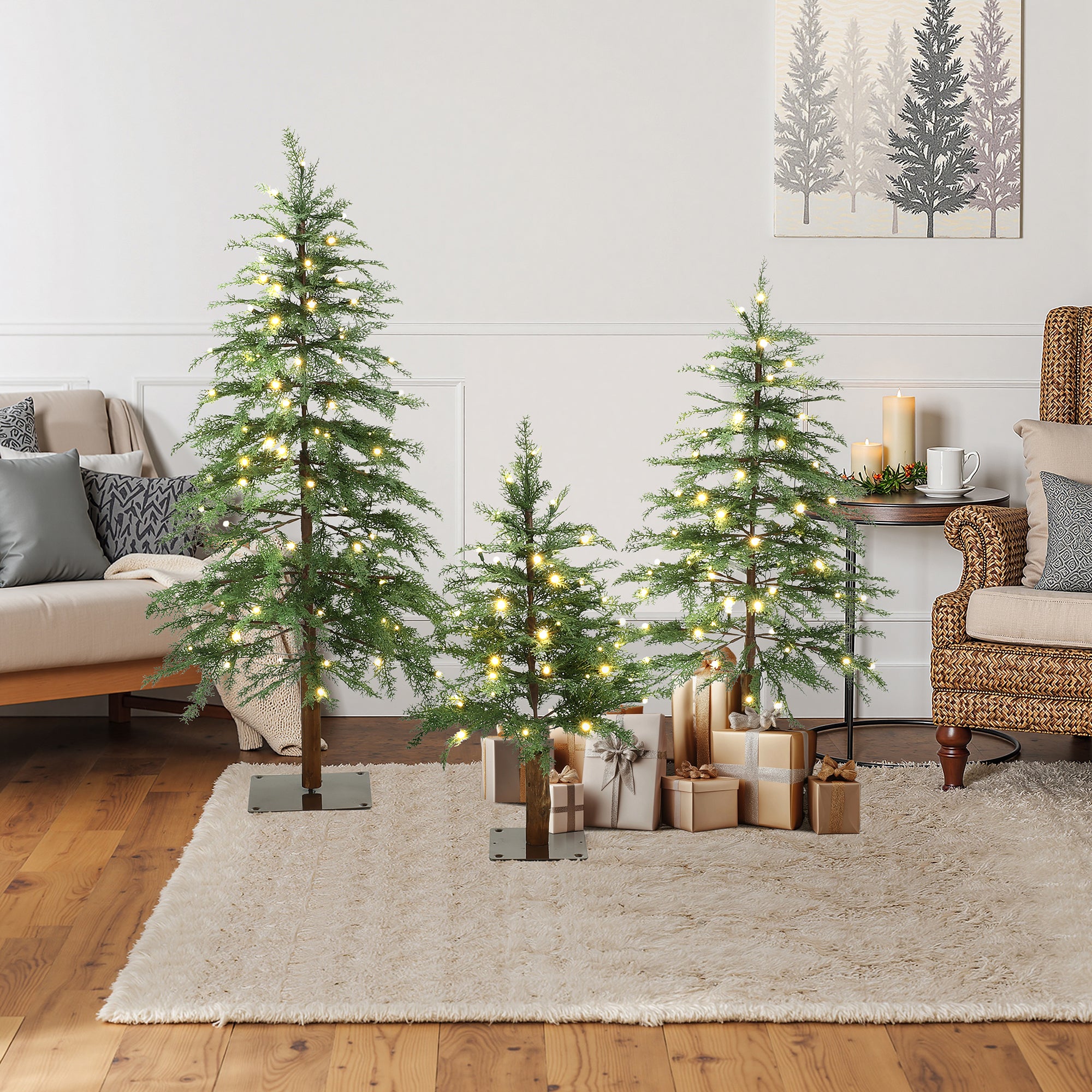 3-Piece Green Artificial Tree Set with Lights and Flat Metal Stand