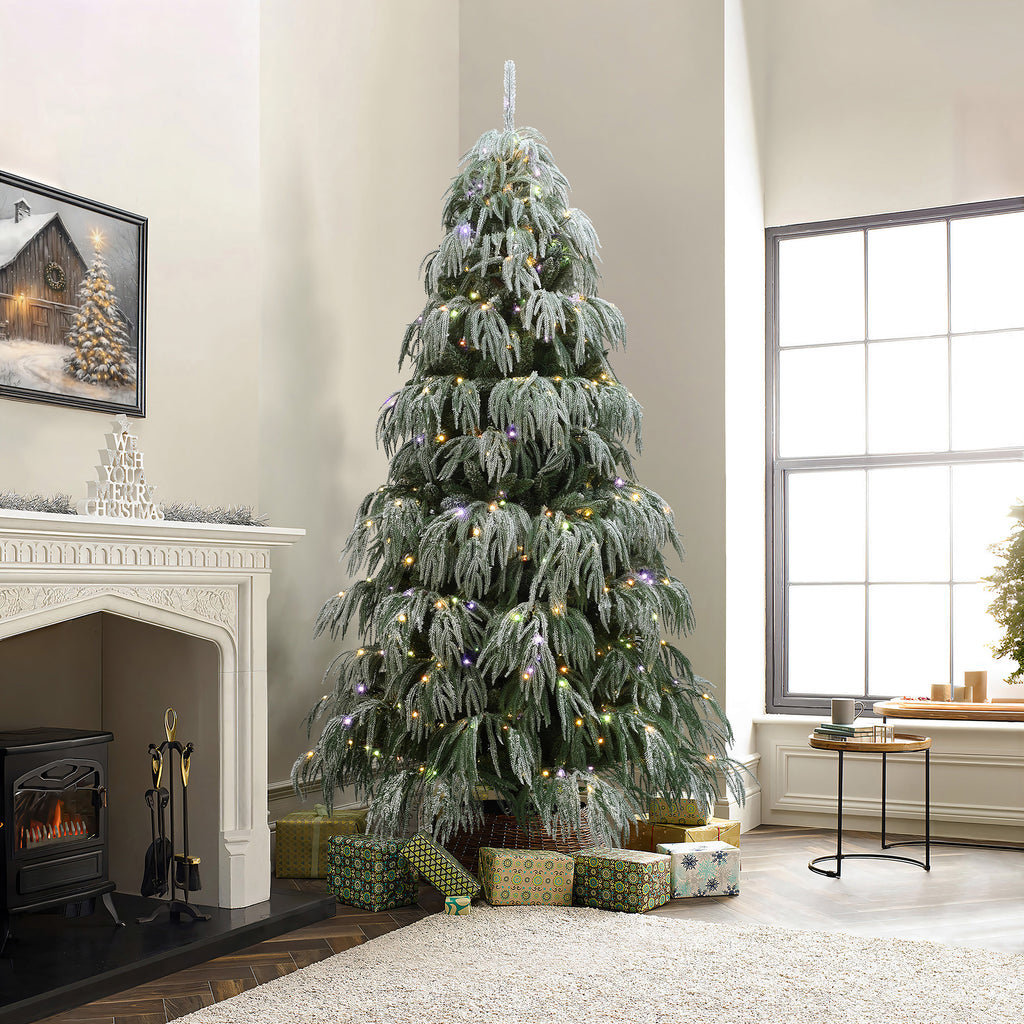 7Ft Flocked Downswept Branches Artificial Christmas Tree with Multi-Color Lights