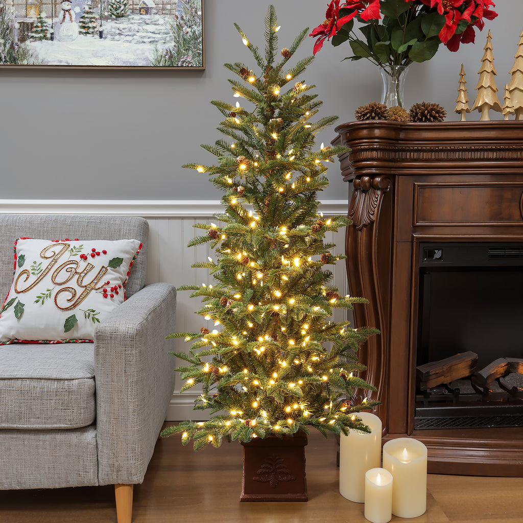5Ft Pre-Lit Artificial Pine Christmas Tree with Pinecones & Brown Square Pot