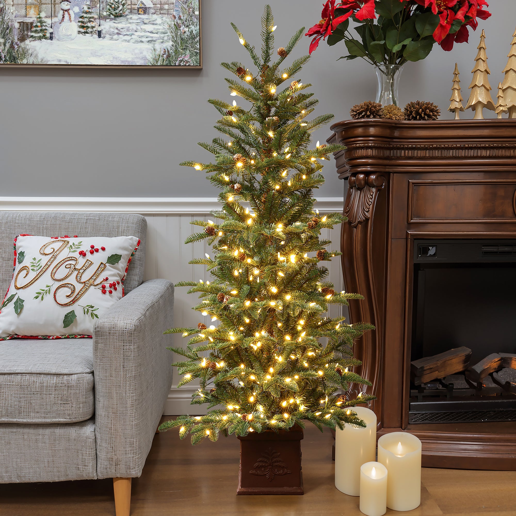 5Ft Pre-Lit Artificial Pine Christmas Tree with Pinecones & Brown Square Pot
