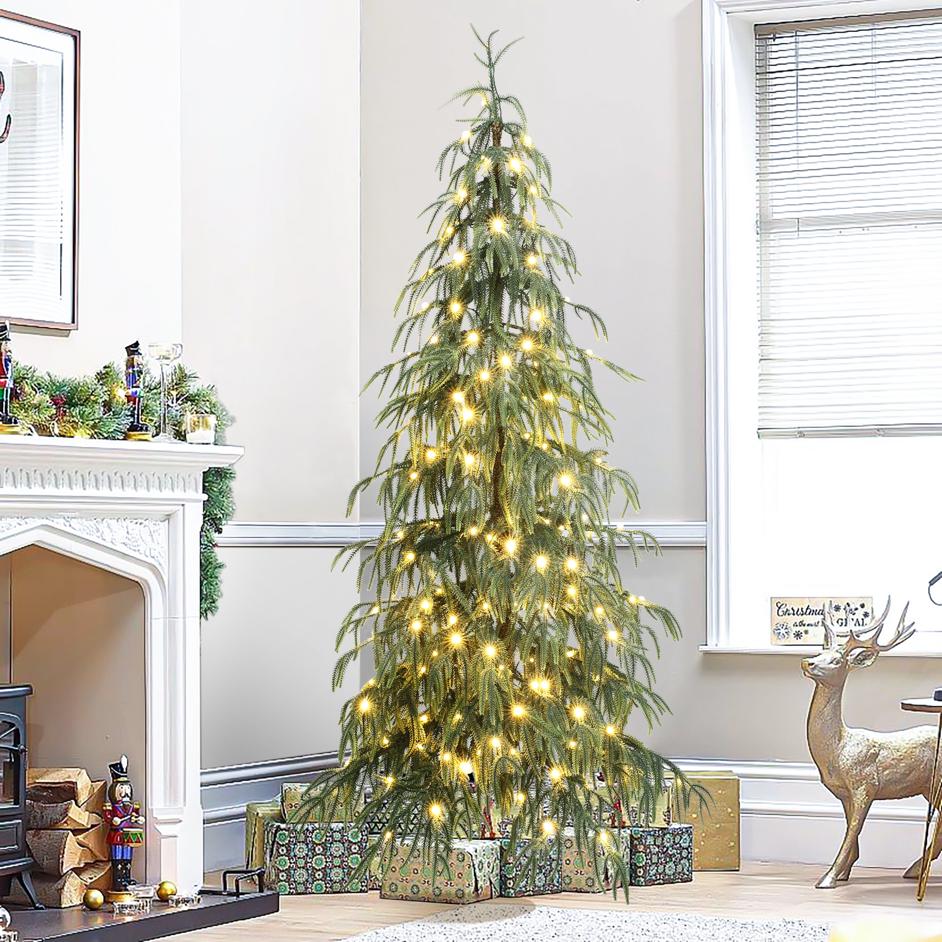 6.5Ft Pre-Lit Slim Artificial Cedar Christmas Tree with Metal Stand