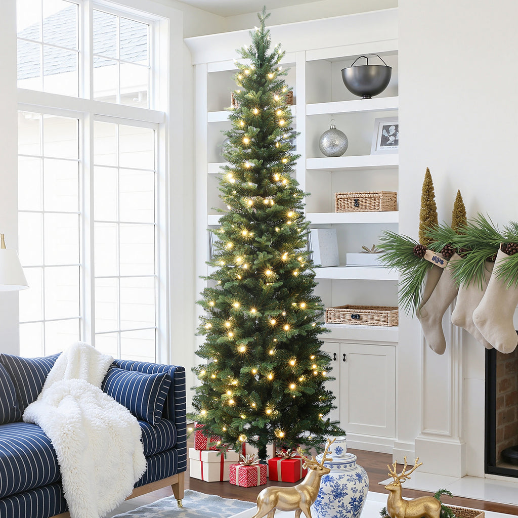 7Ft Pre-Lit Green Artificial Slim Christmas Tree with Metal Stand