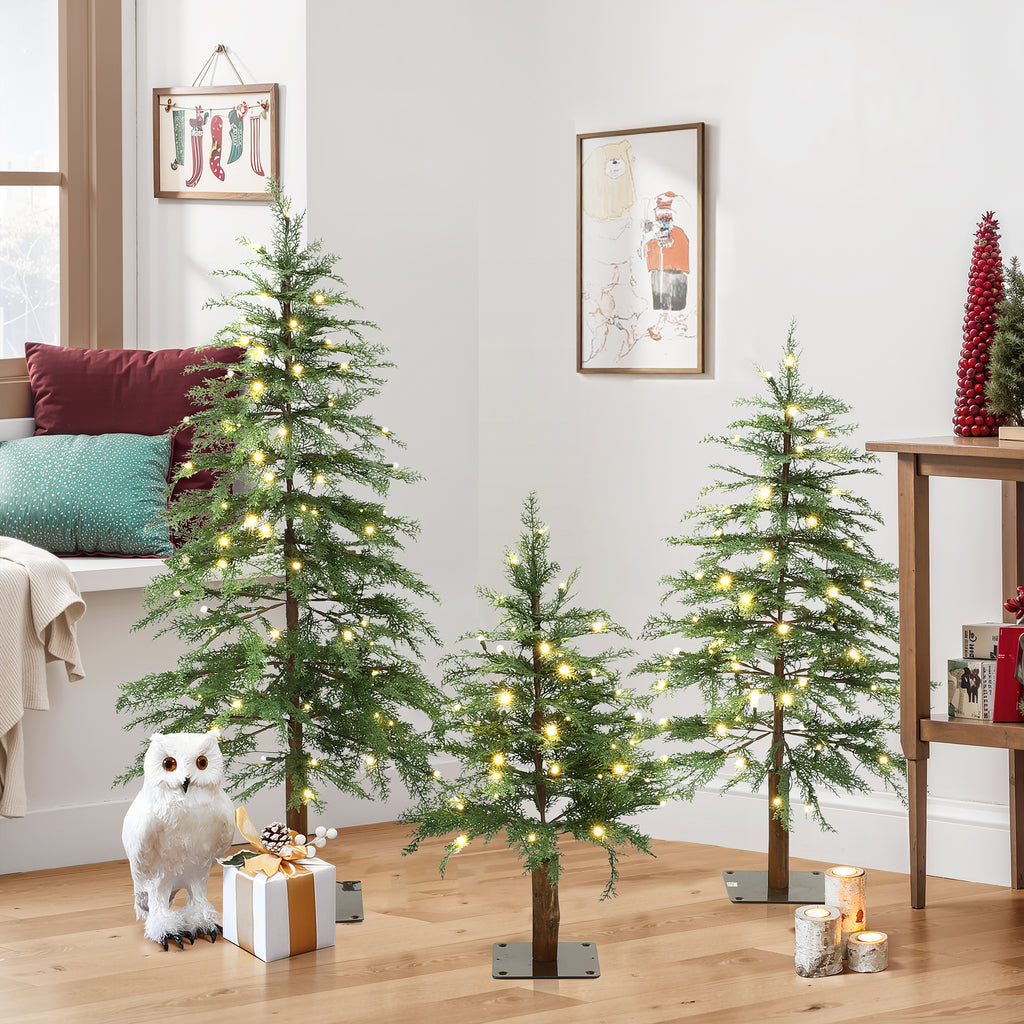 3-Piece Green Artificial Tree Set with Lights and Flat Metal Stand