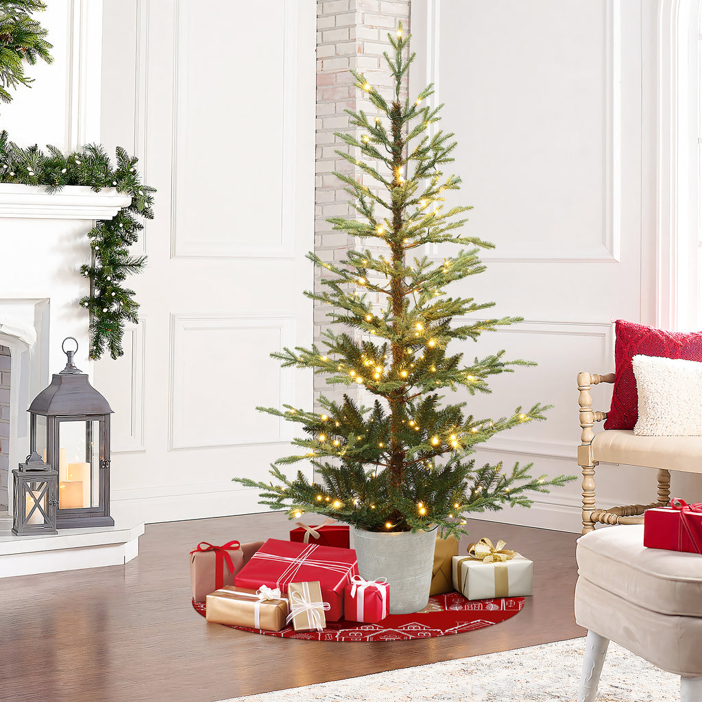 5.5Ft Pre-Lit Green Artificial Fir Christmas Tree with Round Planter Pot