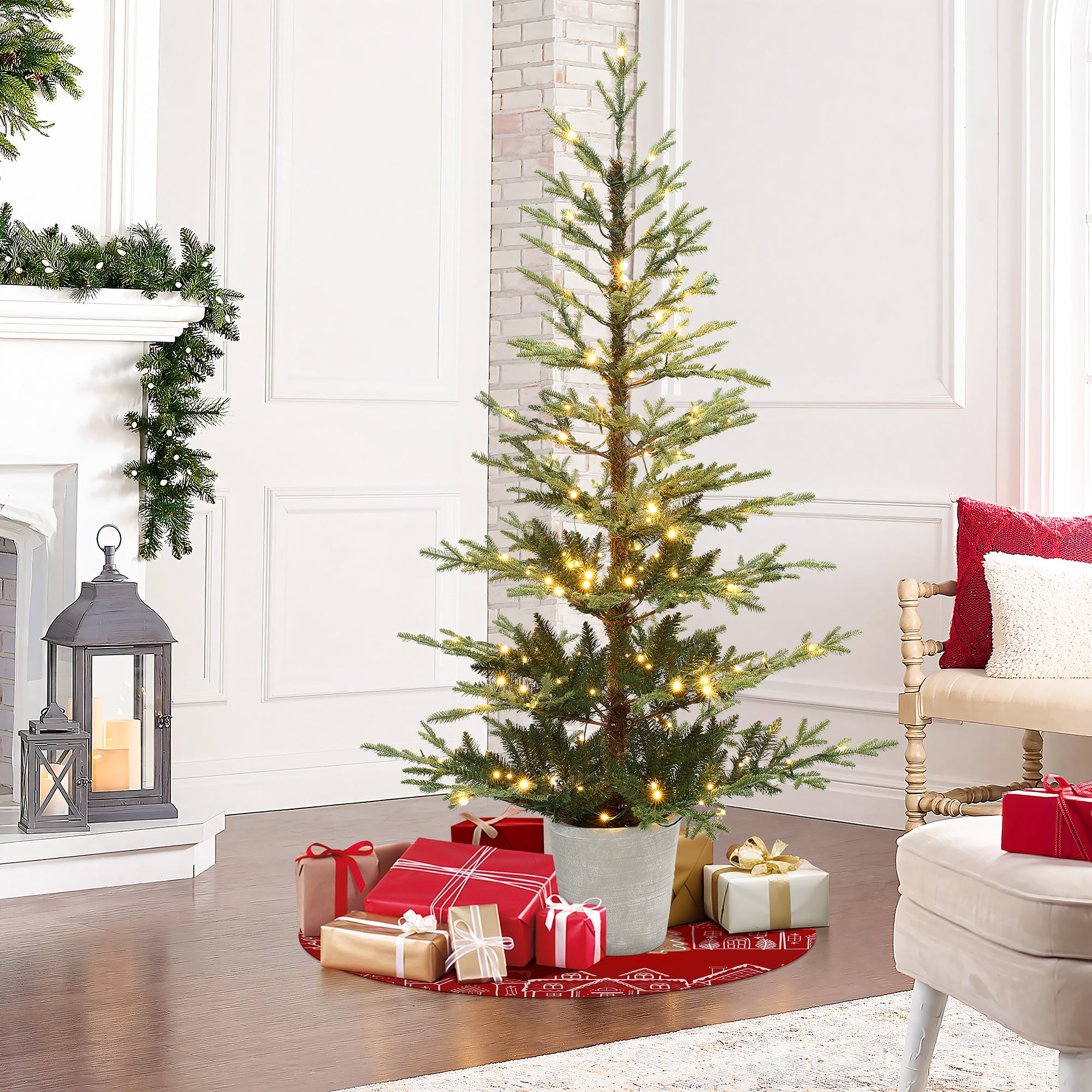 5.5Ft Pre-Lit Green Artificial Fir Christmas Tree with Round Planter Pot
