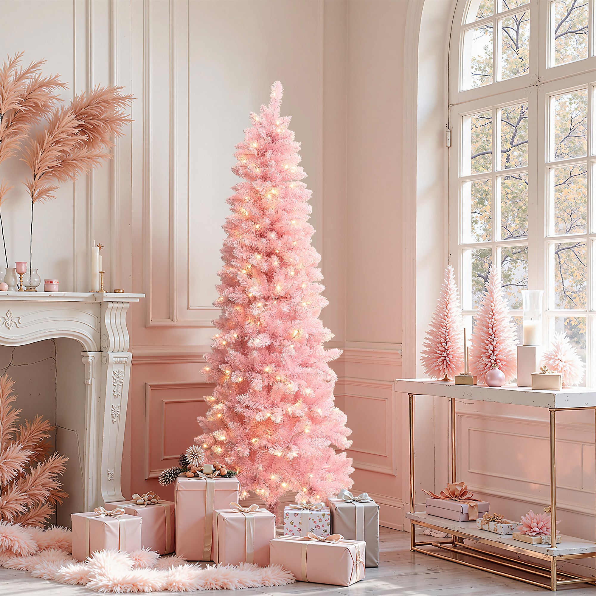 6Ft Pink Pencil Artificial Tree with Warm White Lights and 8 Light Functions