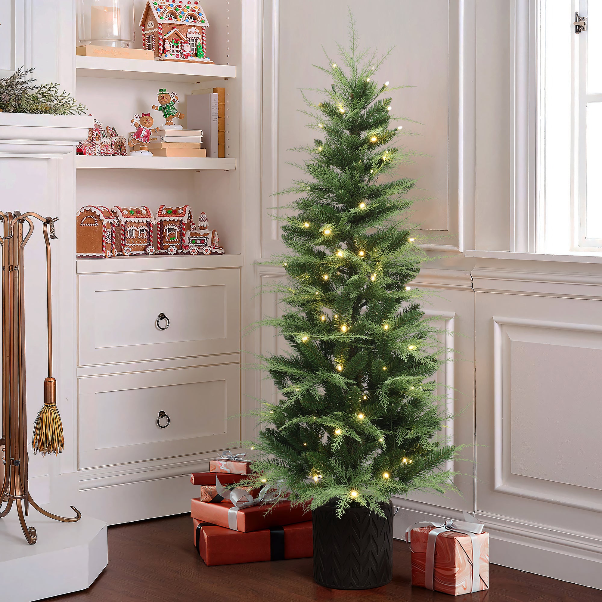 5Ft Pre-Lit Green Artificial Christmas Tree Decoration Potted
