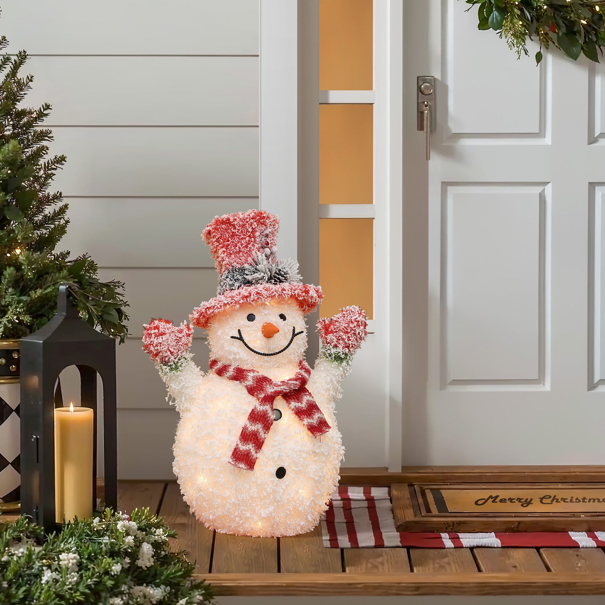 2Ft Lighted White Tinsel Frosted Snowman with Top Hat Outdoor Holiday Decoration