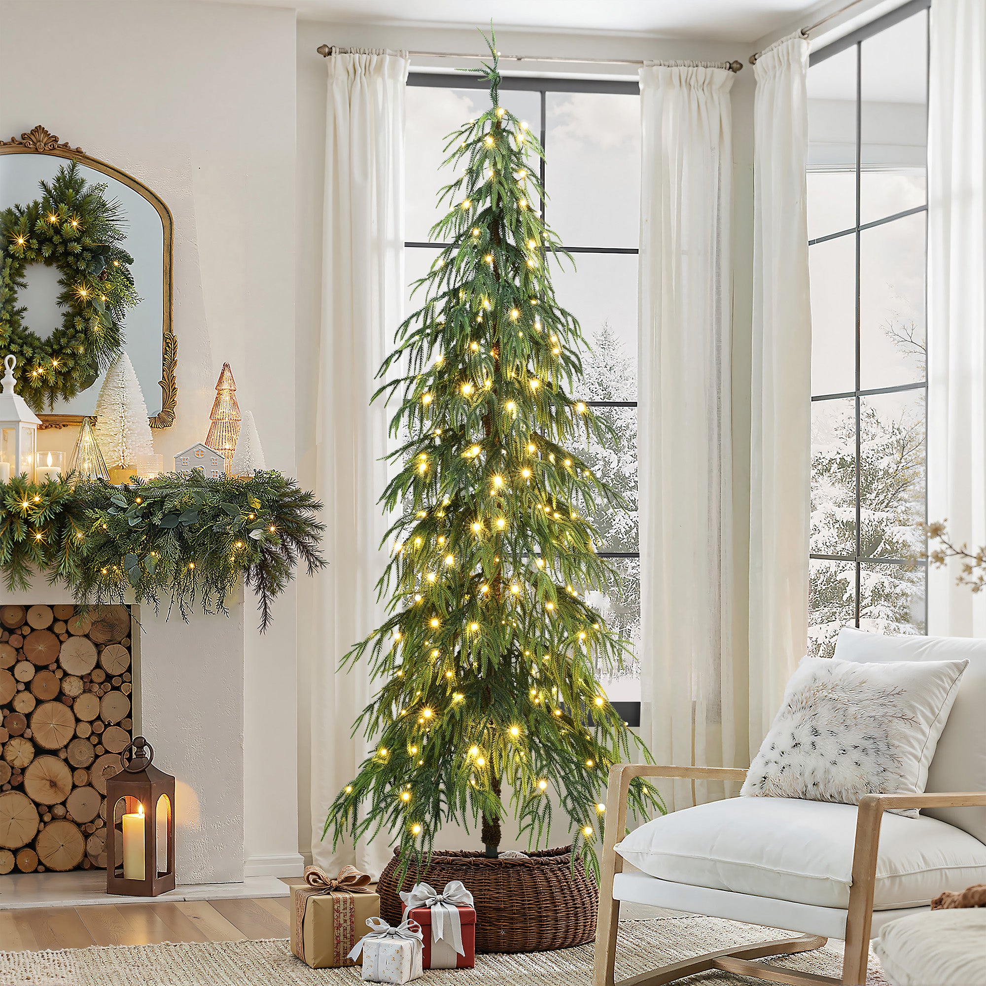 7.5Ft Pre-Lit Slim Artificial Cedar Christmas Tree with Metal Stand