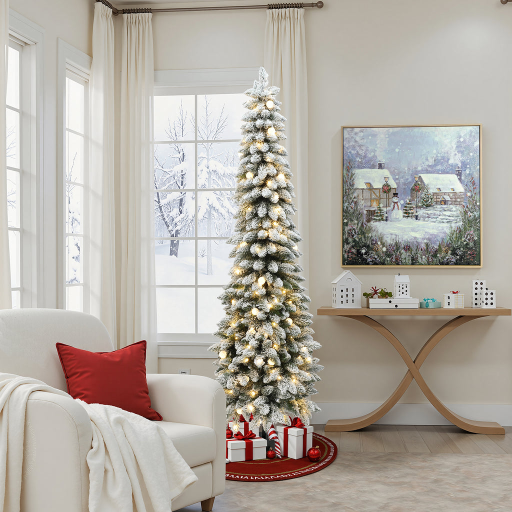 7Ft Pre-Lit Flocked Pencil Artificial Christmas Tree with Metal Base