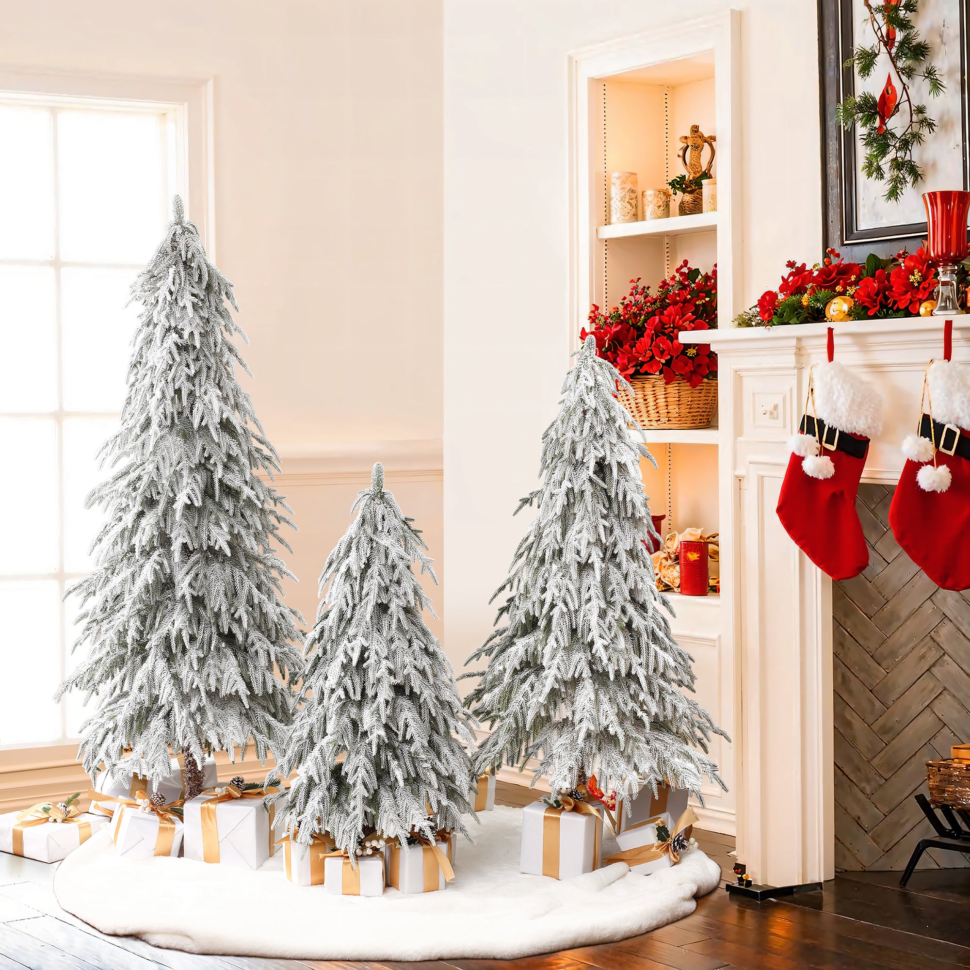 Set of 3 3Ft, 4Ft, and 5Ft Artifical Snow-Flocked Cedar Christmas Trees