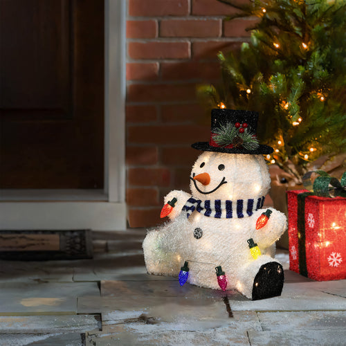 1.25Ft Jolly Snowman with Black Tophat Outdoor Holiday Decoration with Lights