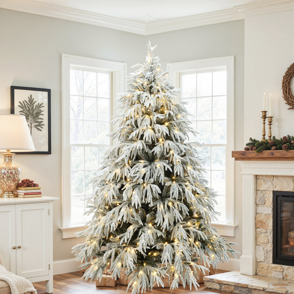 6.5Ft Pre-Lit Mixed Snowy Branches Artificial Christmas Tree with Metal Stand