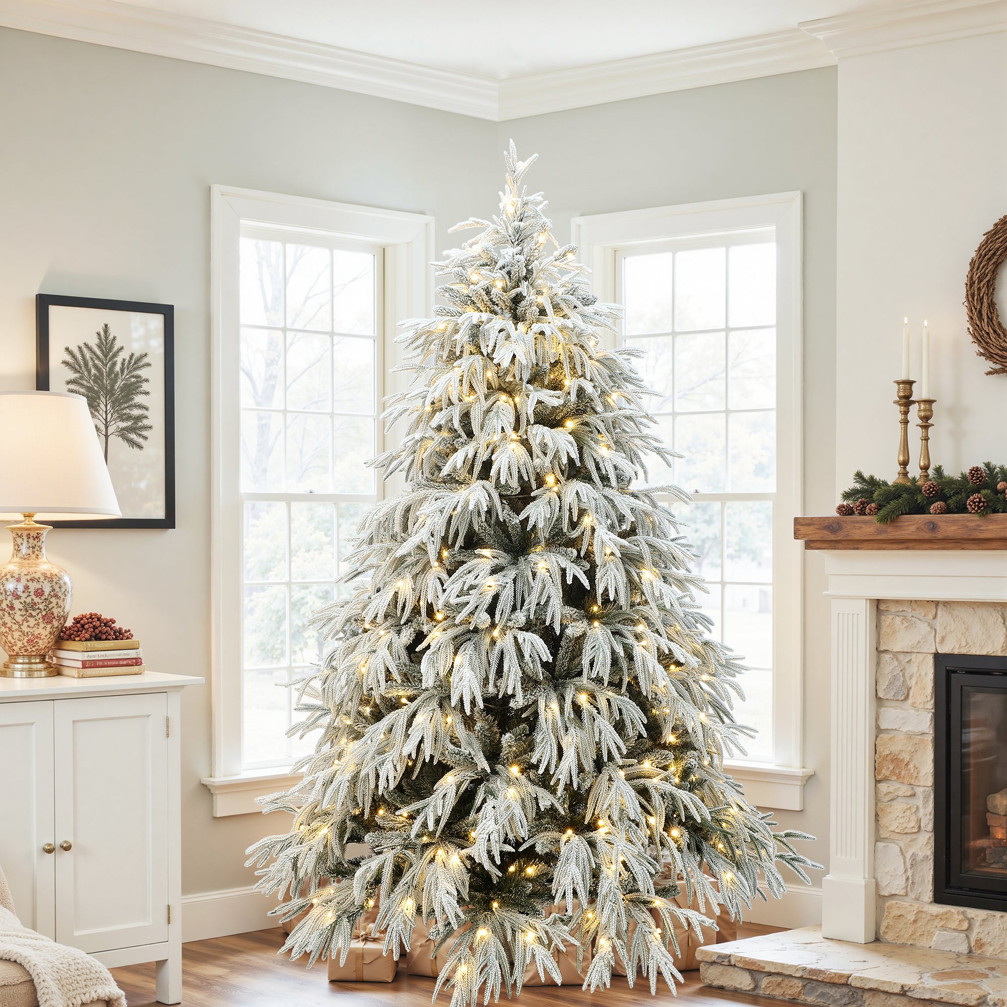6.5Ft Pre-Lit Mixed Snowy Branches Artificial Christmas Tree with Metal Stand