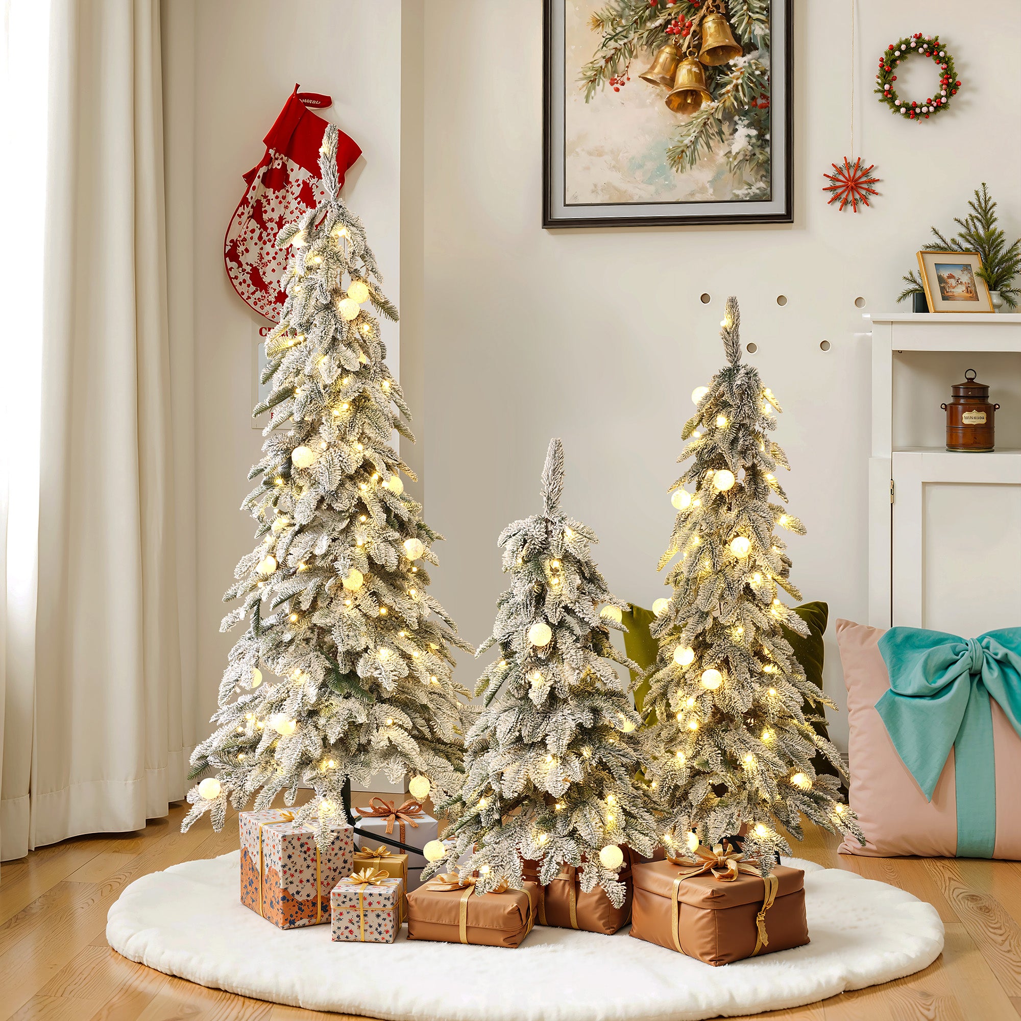 3-Piece Flocked Artificial Tree Set with Lights and Metal Stand